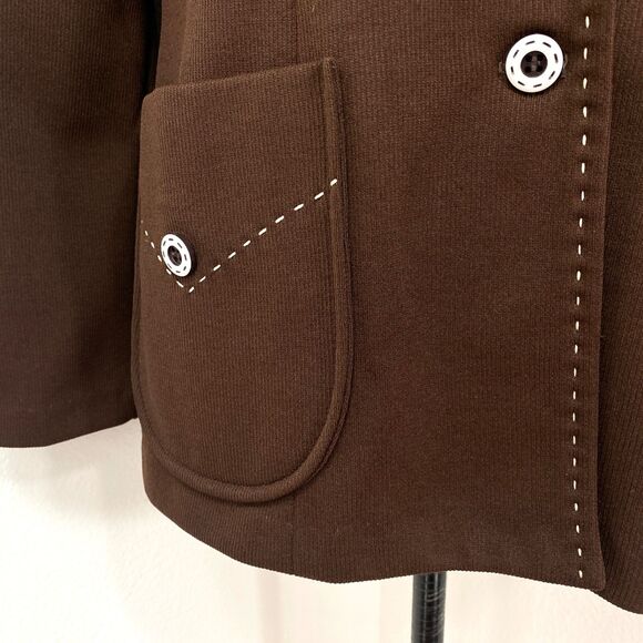 Vintage Chocolate Brown Double Polyester Jacket Blazer Med Unlined Wide Lapel - Picture 5 of 13